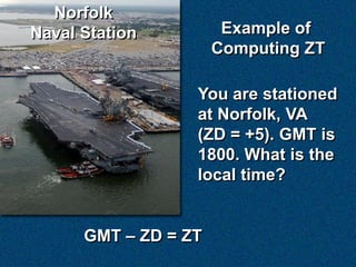 Norfolk
Naval Station          Example of
                      Computing ZT

                  You are stationed
                  at Norfolk, VA
                  (ZD = +5). GMT is
                  1800. What is the
                  local time?


      GMT – ZD = ZT
 