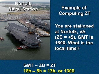 Norfolk
Naval Station         Example of
                     Computing ZT

                    You are stationed
                    at Norfolk, VA
                    (ZD = +5). GMT is
                    1800. What is the
                    local time?


      GMT – ZD = ZT
      18h – 5h = 13h, or 1300
 