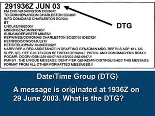 291936Z JUN 03

                              DTG




        Date/Time Group (DTG)
  A message is originated at 1936Z on
  29 June 2003. What is the DTG?
 