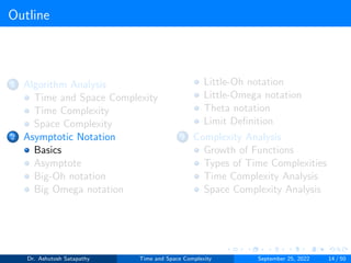 Outline
1 Algorithm Analysis
Time and Space Complexity
Time Complexity
Space Complexity
2 Asymptotic Notation
Basics
Asymptote
Big-Oh notation
Big Omega notation
Little-Oh notation
Little-Omega notation
Theta notation
Limit Definition
3 Complexity Analysis
Growth of Functions
Types of Time Complexities
Time Complexity Analysis
Space Complexity Analysis
Dr. Ashutosh Satapathy Time and Space Complexity September 25, 2022 14 / 50
 