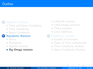 Outline
1 Algorithm Analysis
Time and Space Complexity
Time Complexity
Space Complexity
2 Asymptotic Notation
Basics
Asymptote
Big-Oh notation
Big Omega notation
Little-Oh notation
Little-Omega notation
Theta notation
Limit Definition
3 Complexity Analysis
Growth of Functions
Types of Time Complexities
Time Complexity Analysis
Space Complexity Analysis
Dr. Ashutosh Satapathy Time and Space Complexity September 25, 2022 21 / 50
 