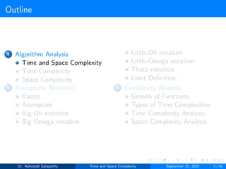 Outline
1 Algorithm Analysis
Time and Space Complexity
Time Complexity
Space Complexity
2 Asymptotic Notation
Basics
Asymptote
Big-Oh notation
Big Omega notation
Little-Oh notation
Little-Omega notation
Theta notation
Limit Definition
3 Complexity Analysis
Growth of Functions
Types of Time Complexities
Time Complexity Analysis
Space Complexity Analysis
Dr. Ashutosh Satapathy Time and Space Complexity September 25, 2022 3 / 50
 
