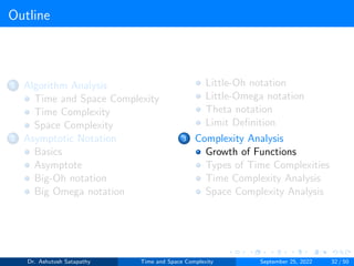 Outline
1 Algorithm Analysis
Time and Space Complexity
Time Complexity
Space Complexity
2 Asymptotic Notation
Basics
Asymptote
Big-Oh notation
Big Omega notation
Little-Oh notation
Little-Omega notation
Theta notation
Limit Definition
3 Complexity Analysis
Growth of Functions
Types of Time Complexities
Time Complexity Analysis
Space Complexity Analysis
Dr. Ashutosh Satapathy Time and Space Complexity September 25, 2022 32 / 50
 