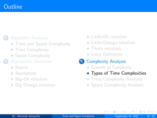 Outline
1 Algorithm Analysis
Time and Space Complexity
Time Complexity
Space Complexity
2 Asymptotic Notation
Basics
Asymptote
Big-Oh notation
Big Omega notation
Little-Oh notation
Little-Omega notation
Theta notation
Limit Definition
3 Complexity Analysis
Growth of Functions
Types of Time Complexities
Time Complexity Analysis
Space Complexity Analysis
Dr. Ashutosh Satapathy Time and Space Complexity September 25, 2022 37 / 50
 
