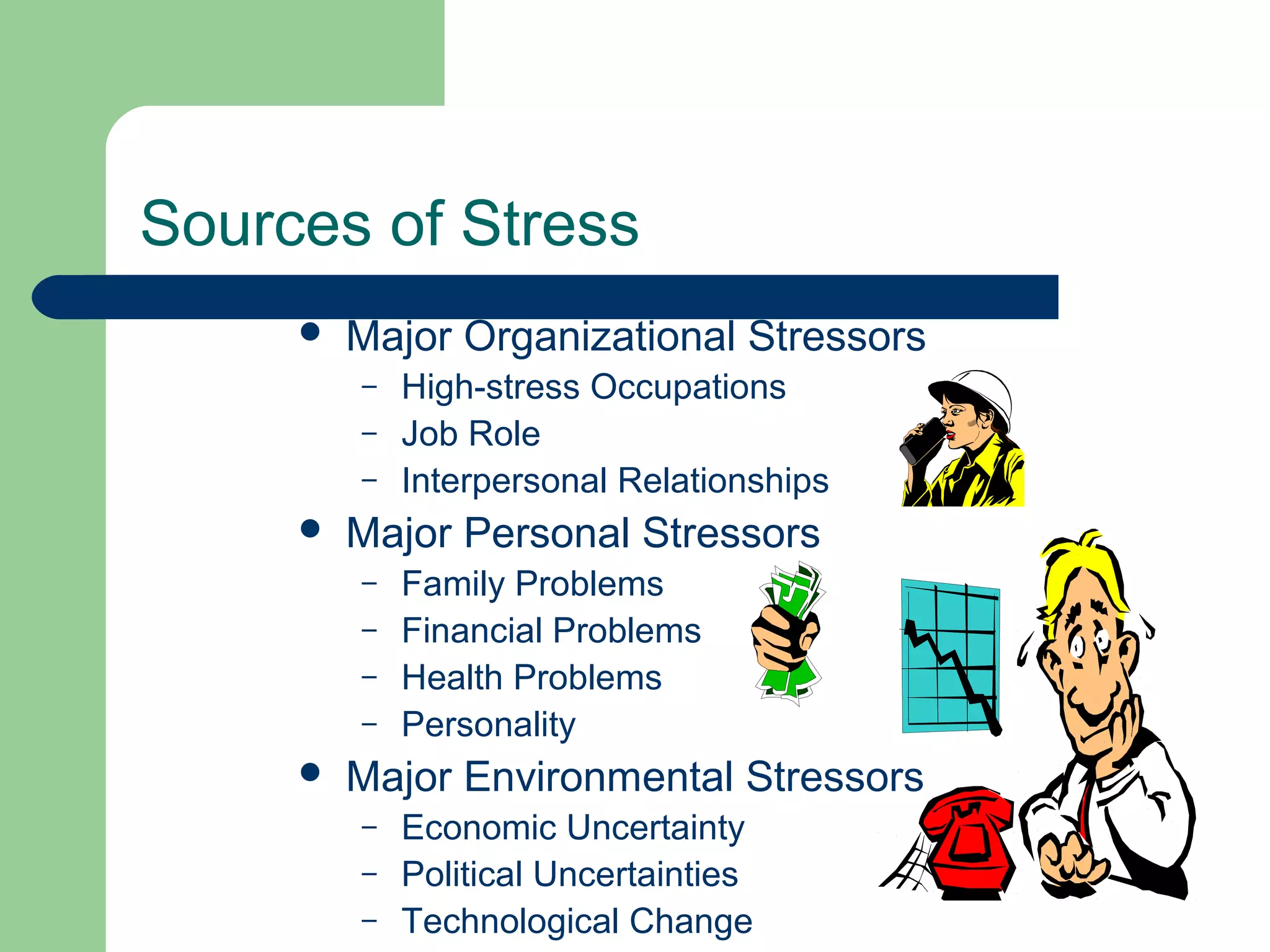Sources of Stress
 Major Organizational Stressors
– High-stress Occupations
– Job Role
– Interpersonal Relationships
 Major Personal Stressors
– Family Problems
– Financial Problems
– Health Problems
– Personality
 Major Environmental Stressors
– Economic Uncertainty
– Political Uncertainties
– Technological Change
 