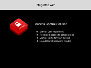 Access Control Solution
❖ Monitor user movement
❖ Restricted access to certain areas
❖ Monitor traffic for your payroll
❖ No additional hardware needed
Integrates with
 