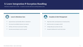 3. Leave Integration & Exception Handling
Attendance shouldn't live in a silo — it needs to reconcile with leave and flag problems early.
Leave & Attendance Sync
▪ Approved leave automatically reflects in attendance
▪ No manual reconciliation between two systems
▪ Half-day, short-leave & permission handling
▪ Accurate present/absent counts for payroll
Exception & Alert Management
▪ Flags late arrivals, early departures & missed punches
▪ Real-time alerts to managers and HR
▪ Configurable grace periods and rules
▪ Exception dashboard for month-end review
Time & Attendance Software | Buyer's Guide for Nepal 6
 