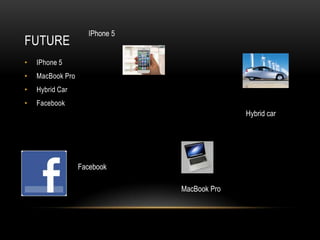 IPhone 5
FUTURE
•   IPhone 5
•   MacBook Pro
•   Hybrid Car
•   Facebook
                                             Hybrid car




                  Facebook

                               MacBook Pro
 