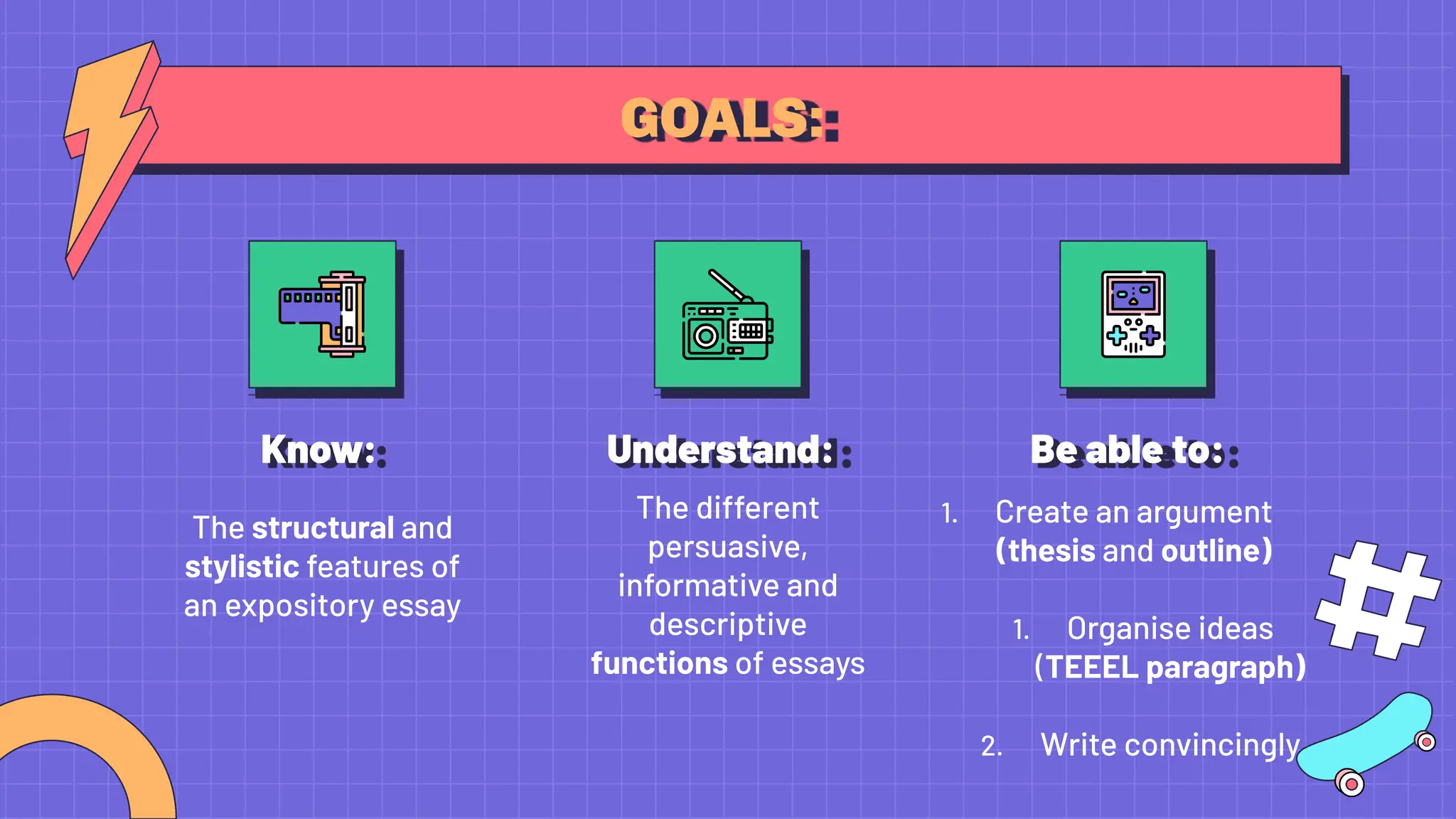 GOALS:
Know:
The structural and
stylistic features of
an expository essay
Understand:
The different
persuasive,
informative and
descriptive
functions of essays
Be able to:
1. Create an argument
(thesis and outline)
1. Organise ideas
(TEEEL paragraph)
2. Write convincingly
 