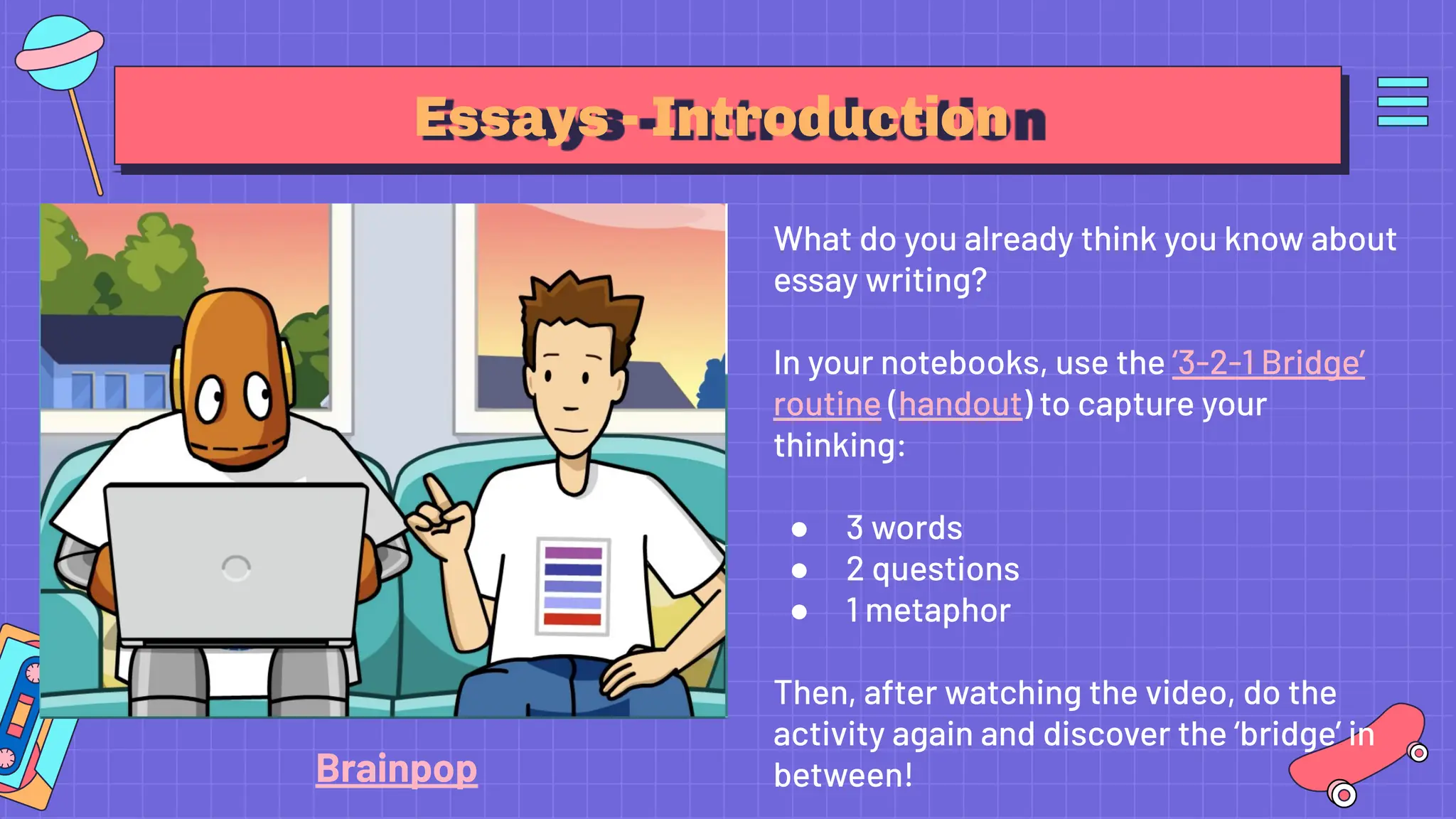 Essays - Introduction
Brainpop
What do you already think you know about
essay writing?
In your notebooks, use the ‘3-2-1 Bridge’
routine (handout) to capture your
thinking:
● 3 words
● 2 questions
● 1 metaphor
Then, after watching the video, do the
activity again and discover the ‘bridge’ in
between!
 