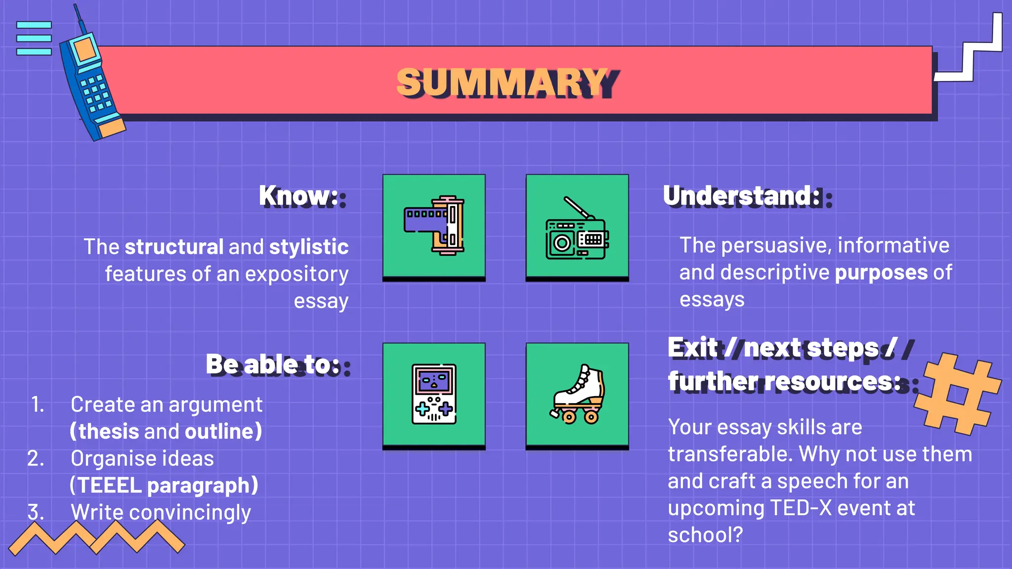 SUMMARY
Know: Understand:
Be able to:
Exit / next steps /
further resources:
Your essay skills are
transferable. Why not use them
and craft a speech for an
upcoming TED-X event at
school?
The structural and stylistic
features of an expository
essay
The persuasive, informative
and descriptive purposes of
essays
1. Create an argument
(thesis and outline)
2. Organise ideas
(TEEEL paragraph)
3. Write convincingly
 