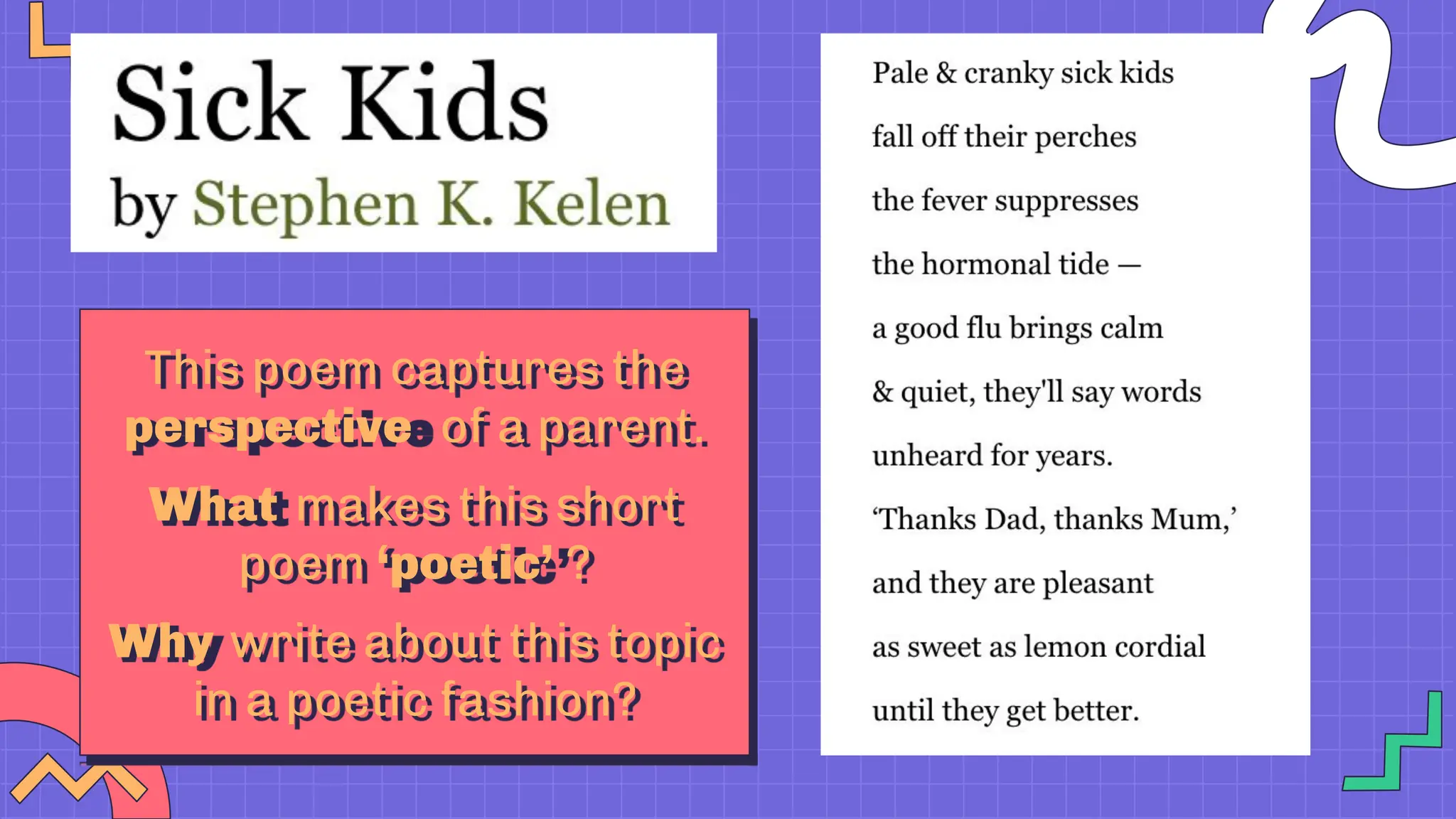 This poem captures the
perspective of a parent.
What makes this short
poem ‘poetic’ ?
Why write about this topic
in a poetic fashion?
 