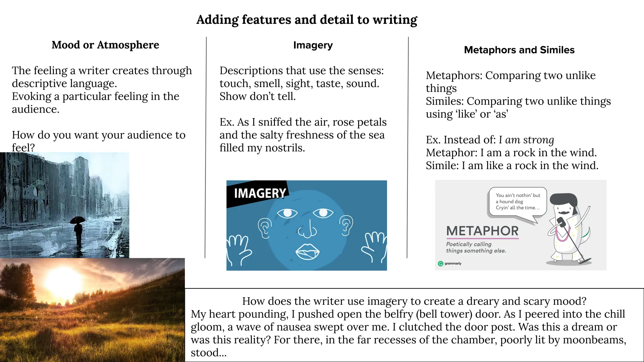 Mood or Atmosphere
The feeling a writer creates through
descriptive language.
Evoking a particular feeling in the
audience.
How do you want your audience to
feel?
How does the writer use imagery to create a dreary and scary mood?
My heart pounding, I pushed open the belfry (bell tower) door. As I peered into the chill
gloom, a wave of nausea swept over me. I clutched the door post. Was this a dream or
was this reality? For there, in the far recesses of the chamber, poorly lit by moonbeams,
stood...
Adding features and detail to writing
Imagery
Descriptions that use the senses:
touch, smell, sight, taste, sound.
Show don’t tell.
Ex. As I sniffed the air, rose petals
and the salty freshness of the sea
ﬁlled my nostrils.
Metaphors and Similes
Metaphors: Comparing two unlike
things
Similes: Comparing two unlike things
using ‘like’ or ‘as’
Ex. Instead of: I am strong
Metaphor: I am a rock in the wind.
Simile: I am like a rock in the wind.
 
