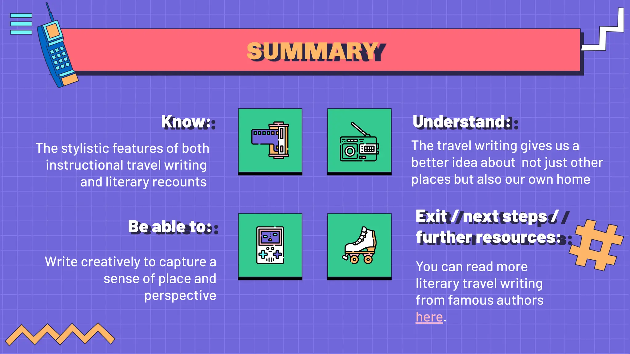 SUMMARY
Know: Understand:
Be able to:
Exit / next steps /
further resources:
You can read more
literary travel writing
from famous authors
here.
The stylistic features of both
instructional travel writing
and literary recounts
The travel writing gives us a
better idea about not just other
places but also our own home
Write creatively to capture a
sense of place and
perspective
 