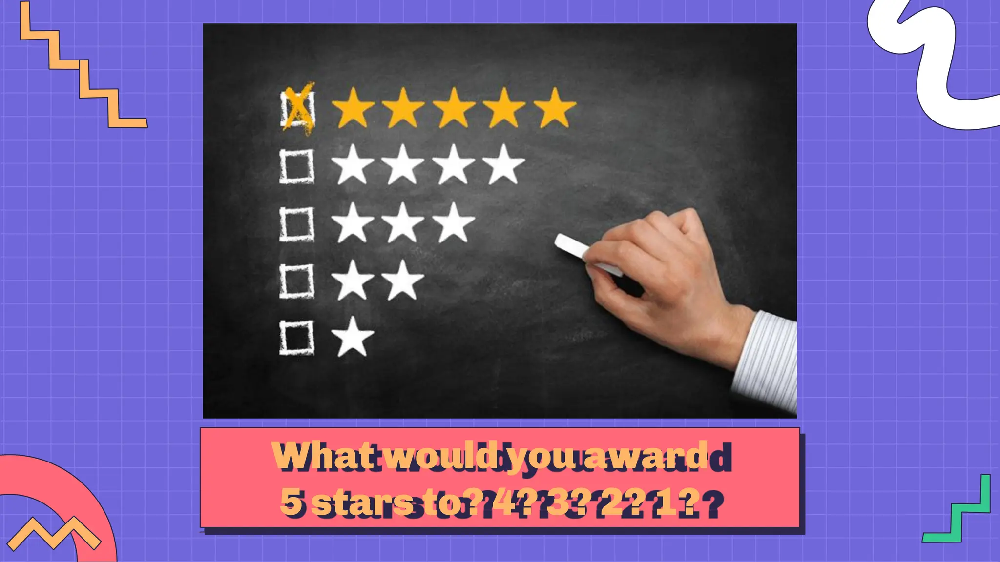 What would you award
5 stars to? 4? 3? 2? 1?
 