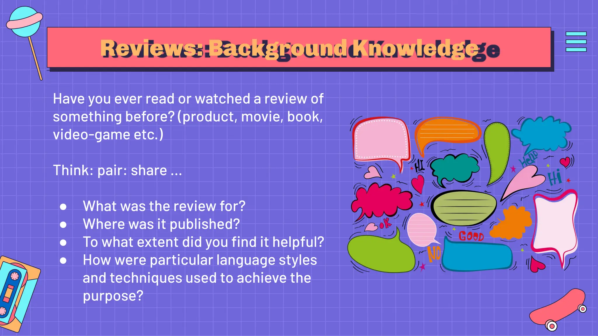 Reviews: Background Knowledge
Have you ever read or watched a review of
something before? (product, movie, book,
video-game etc.)
Think: pair: share …
● What was the review for?
● Where was it published?
● To what extent did you ﬁnd it helpful?
● How were particular language styles
and techniques used to achieve the
purpose?
 