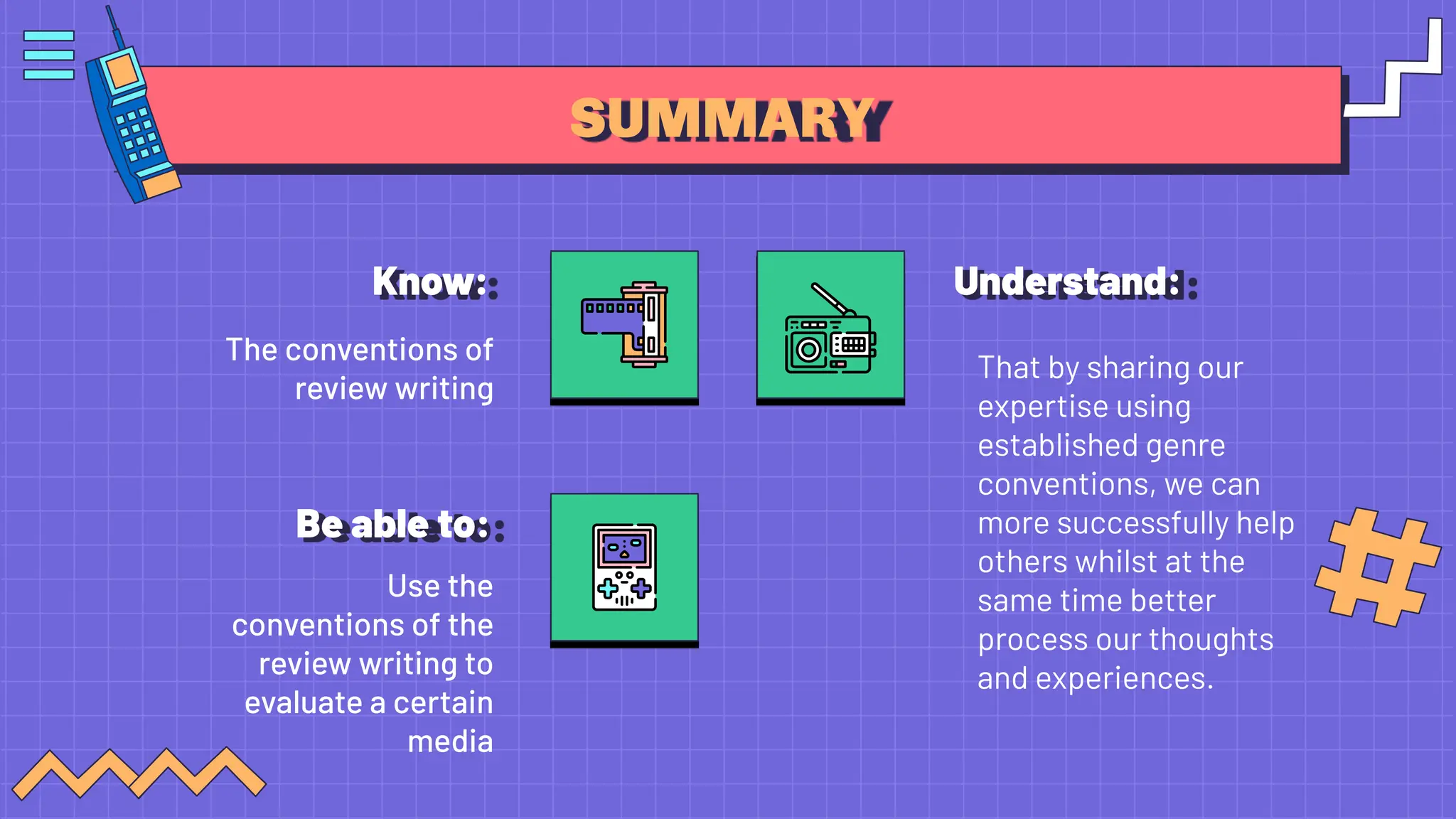 SUMMARY
Know: Understand:
Be able to:
The conventions of
review writing
That by sharing our
expertise using
established genre
conventions, we can
more successfully help
others whilst at the
same time better
process our thoughts
and experiences.
Use the
conventions of the
review writing to
evaluate a certain
media
 