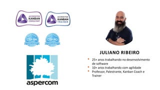 • 25+ anos trabalhando no desenvolvimento
de software
• 10+ anos trabalhando com agilidade
• Professor, Palestrante, Kanban Coach e
Trainer
JULIANO RIBEIRO
 