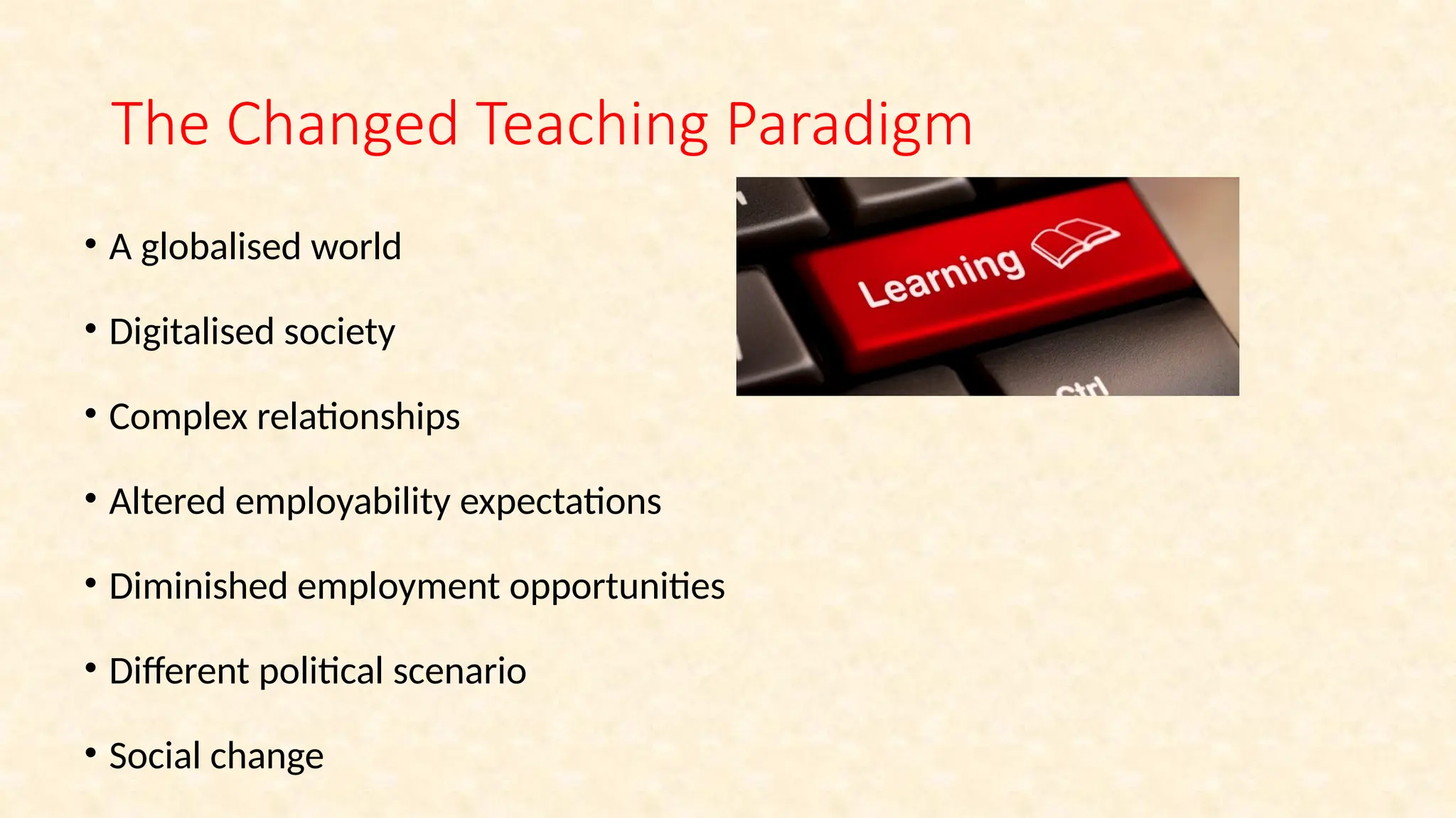 The Changed Teaching Paradigm
• A globalised world
• Digitalised society
• Complex relationships
• Altered employability expectations
• Diminished employment opportunities
• Different political scenario
• Social change
 