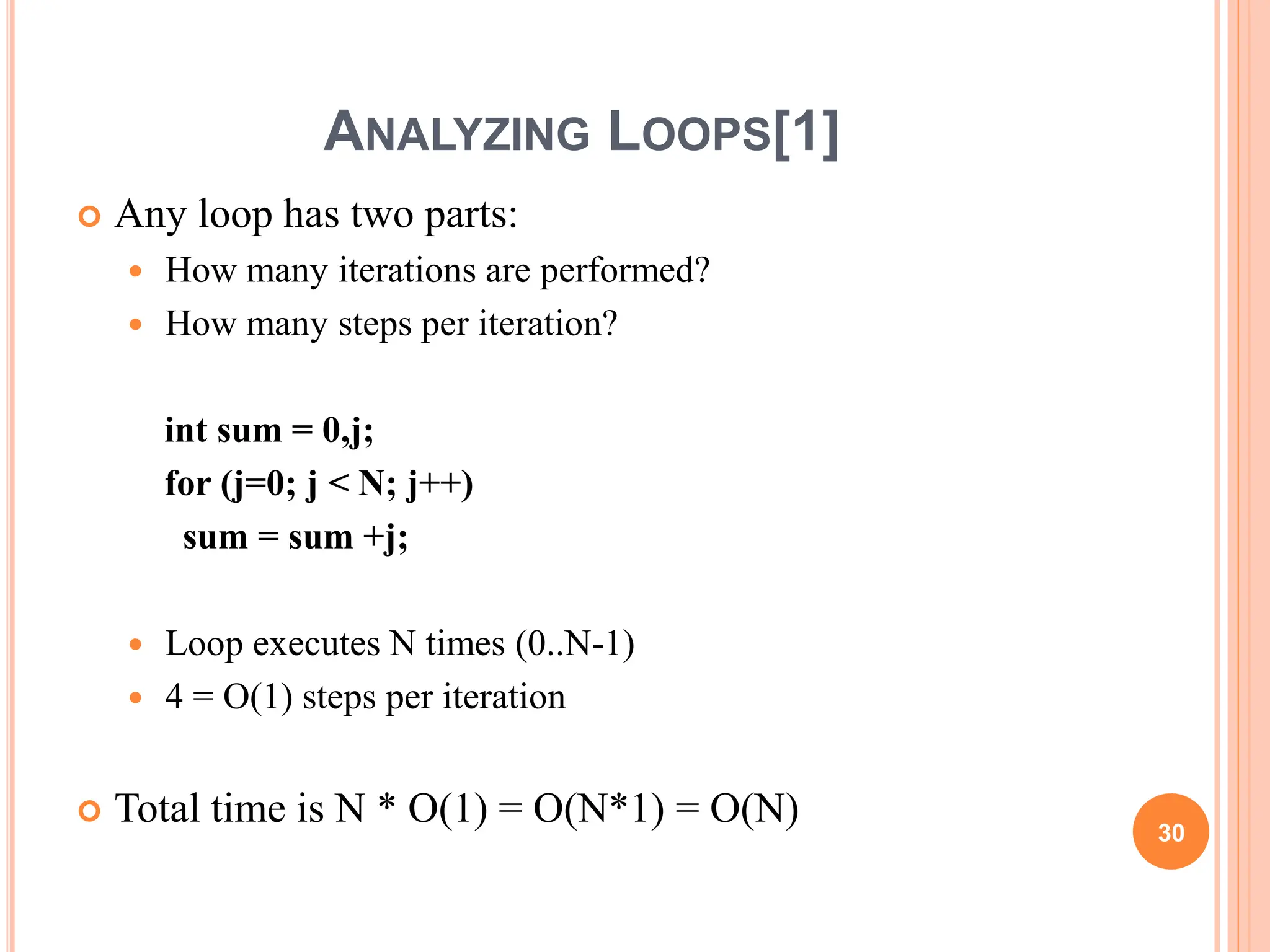 ANALYZING LOOPS[1]
 Any loop has two parts:
 How many iterations are performed?
 How many steps per iteration?
int sum = 0,j;
for (j=0; j < N; j++)
sum = sum +j;
 Loop executes N times (0..N-1)
 4 = O(1) steps per iteration
 Total time is N * O(1) = O(N*1) = O(N) 30
 
