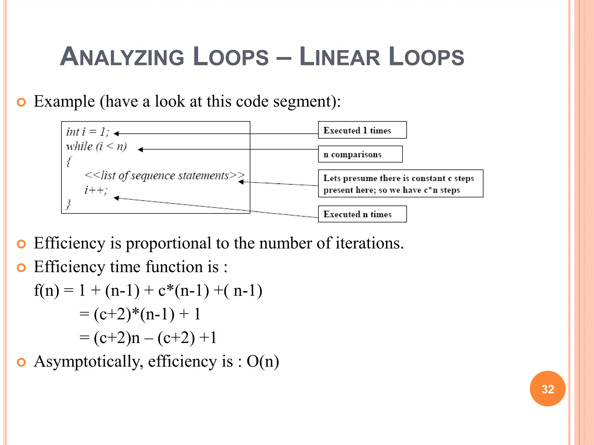 ANALYZING LOOPS – LINEAR LOOPS
 Example (have a look at this code segment):
 Efficiency is proportional to the number of iterations.
 Efficiency time function is :
f(n) = 1 + (n-1) + c*(n-1) +( n-1)
= (c+2)*(n-1) + 1
= (c+2)n – (c+2) +1
 Asymptotically, efficiency is : O(n)
32
 