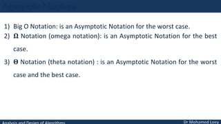 1) Big O Notation: is an Asymptotic Notation for the worst case.
2) Ω Notation (omega notation): is an Asymptotic Notation for the best
case.
3) Θ Notation (theta notation) : is an Asymptotic Notation for the worst
case and the best case.
 