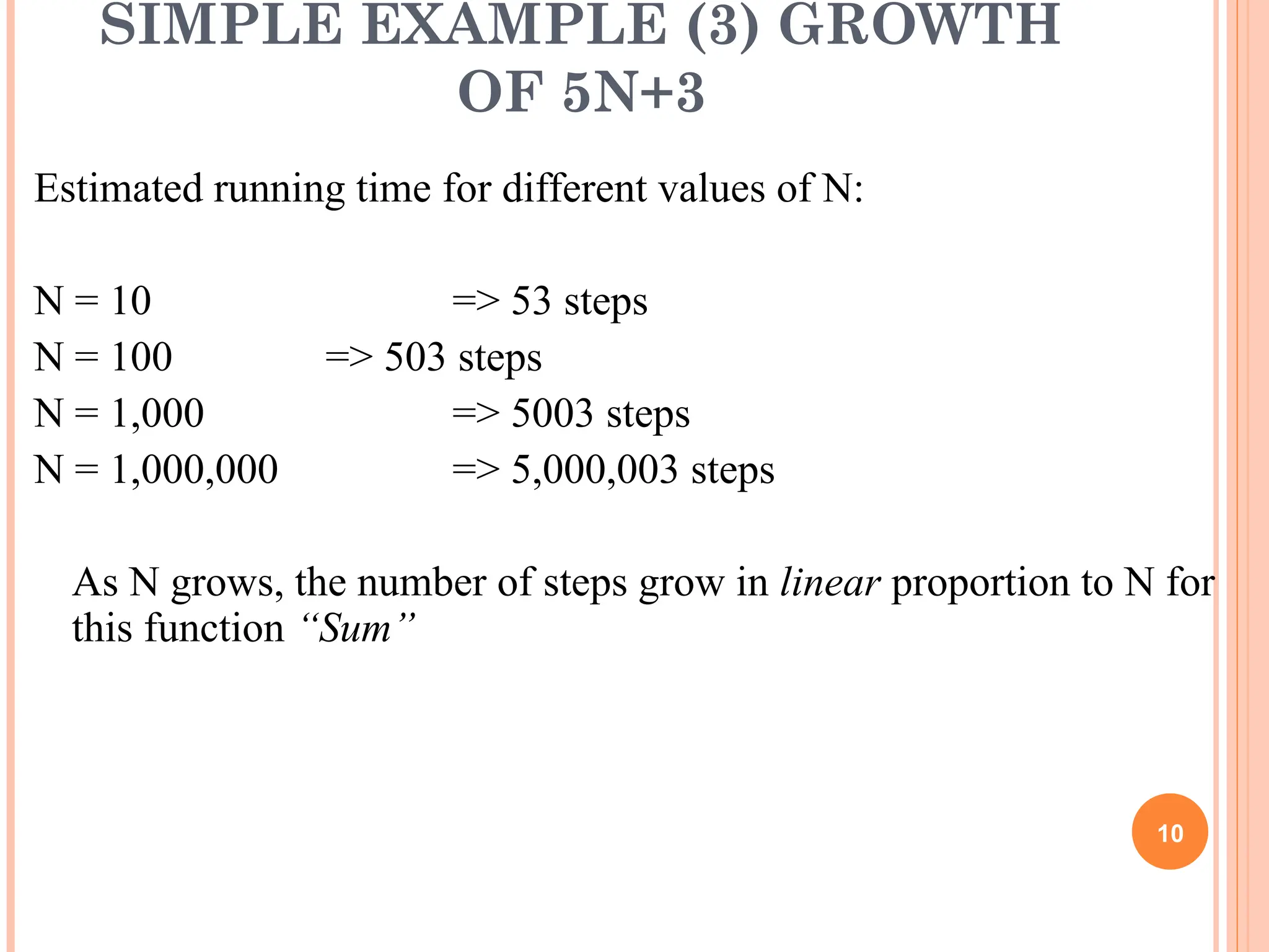 SIMPLE EXAMPLE (3) GROWTH
OF 5N+3
Estimated running time for different values of N:
N = 10 => 53 steps
N = 100 => 503 steps
N = 1,000 => 5003 steps
N = 1,000,000 => 5,000,003 steps
As N grows, the number of steps grow in linear proportion to N for
this function “Sum”
10
 