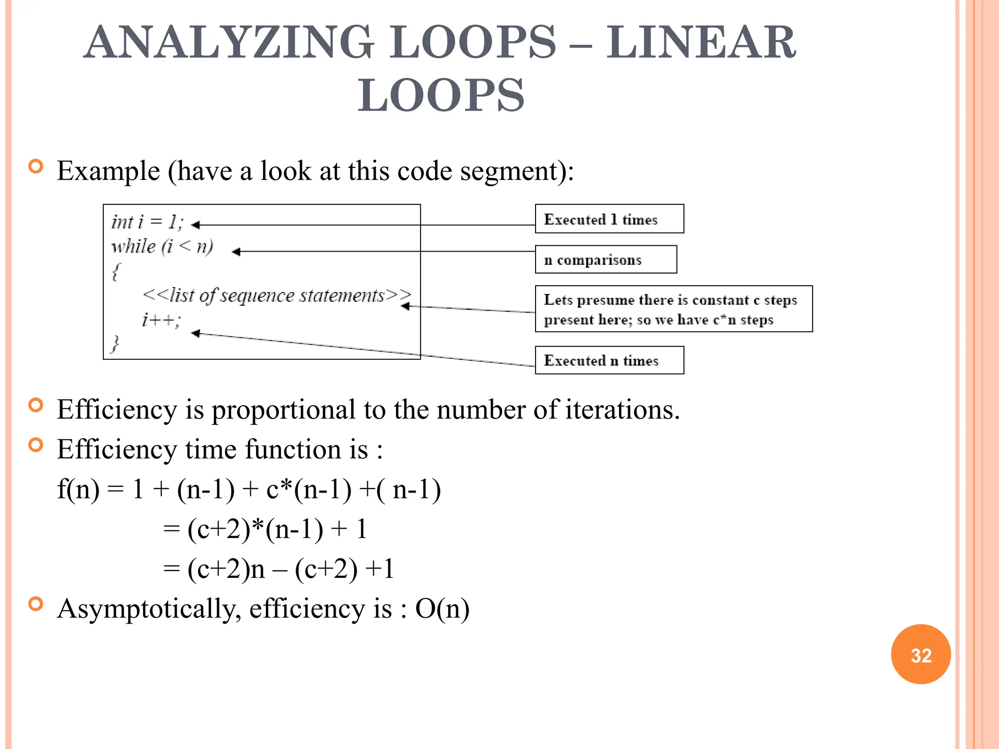 ANALYZING LOOPS – LINEAR
LOOPS
 Example (have a look at this code segment):
 Efficiency is proportional to the number of iterations.
 Efficiency time function is :
f(n) = 1 + (n-1) + c*(n-1) +( n-1)
= (c+2)*(n-1) + 1
= (c+2)n – (c+2) +1
 Asymptotically, efficiency is : O(n)
32
 