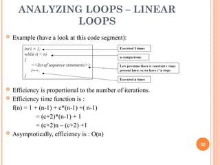 ANALYZING LOOPS – LINEAR
LOOPS
 Example (have a look at this code segment):
 Efficiency is proportional to the number of iterations.
 Efficiency time function is :
f(n) = 1 + (n-1) + c*(n-1) +( n-1)
= (c+2)*(n-1) + 1
= (c+2)n – (c+2) +1
 Asymptotically, efficiency is : O(n)
32
 