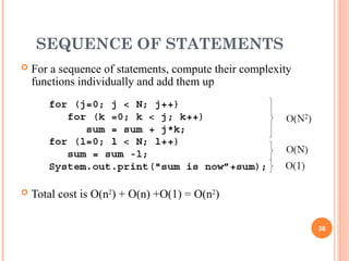SEQUENCE OF STATEMENTS
 For a sequence of statements, compute their complexity
functions individually and add them up
 Total cost is O(n2
) + O(n) +O(1) = O(n2
)
36
 