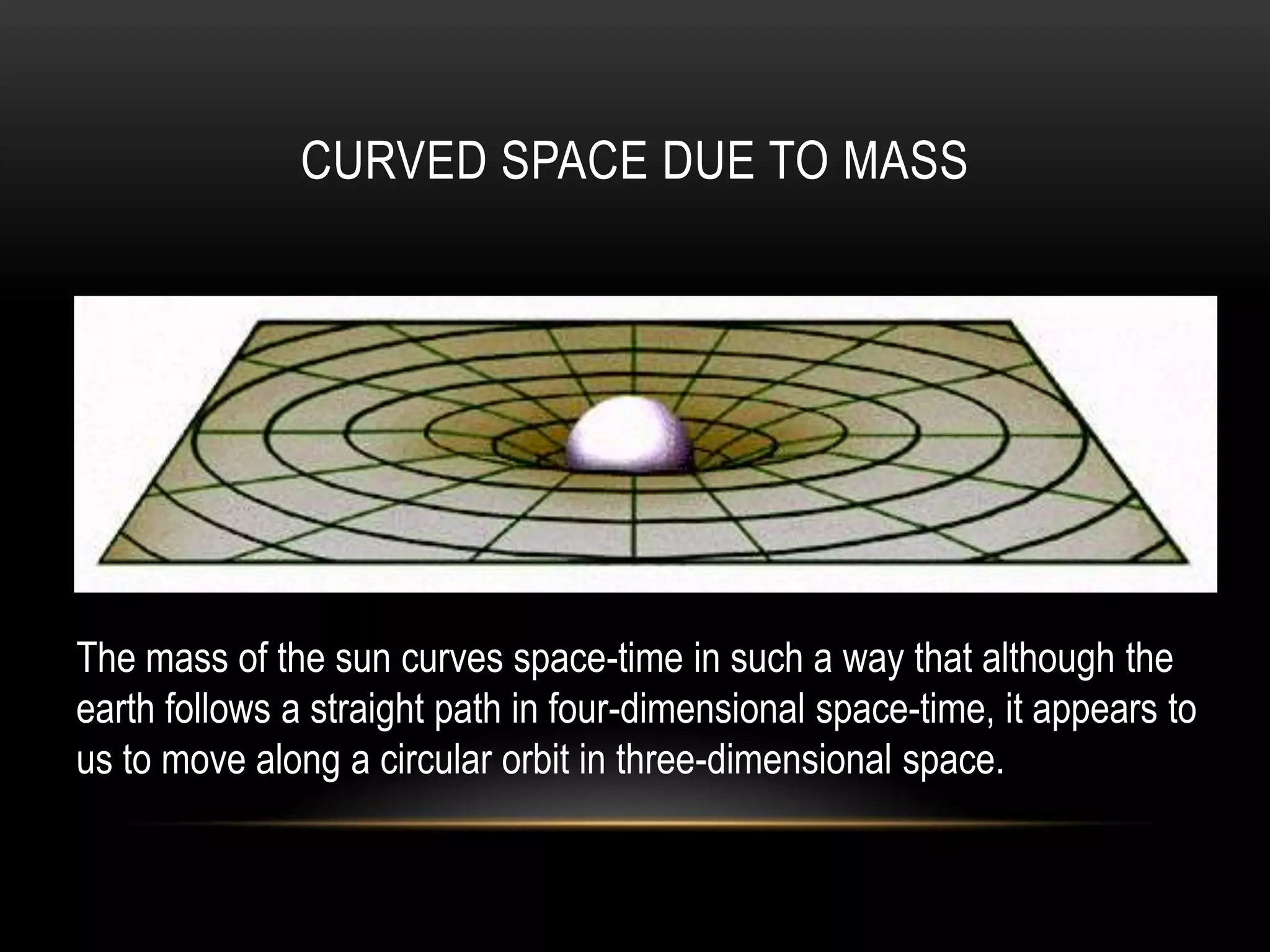 CURVED SPACE DUE TO MASS




The mass of the sun curves space-time in such a way that although the
earth follows a straight path in four-dimensional space-time, it appears to
us to move along a circular orbit in three-dimensional space.
 