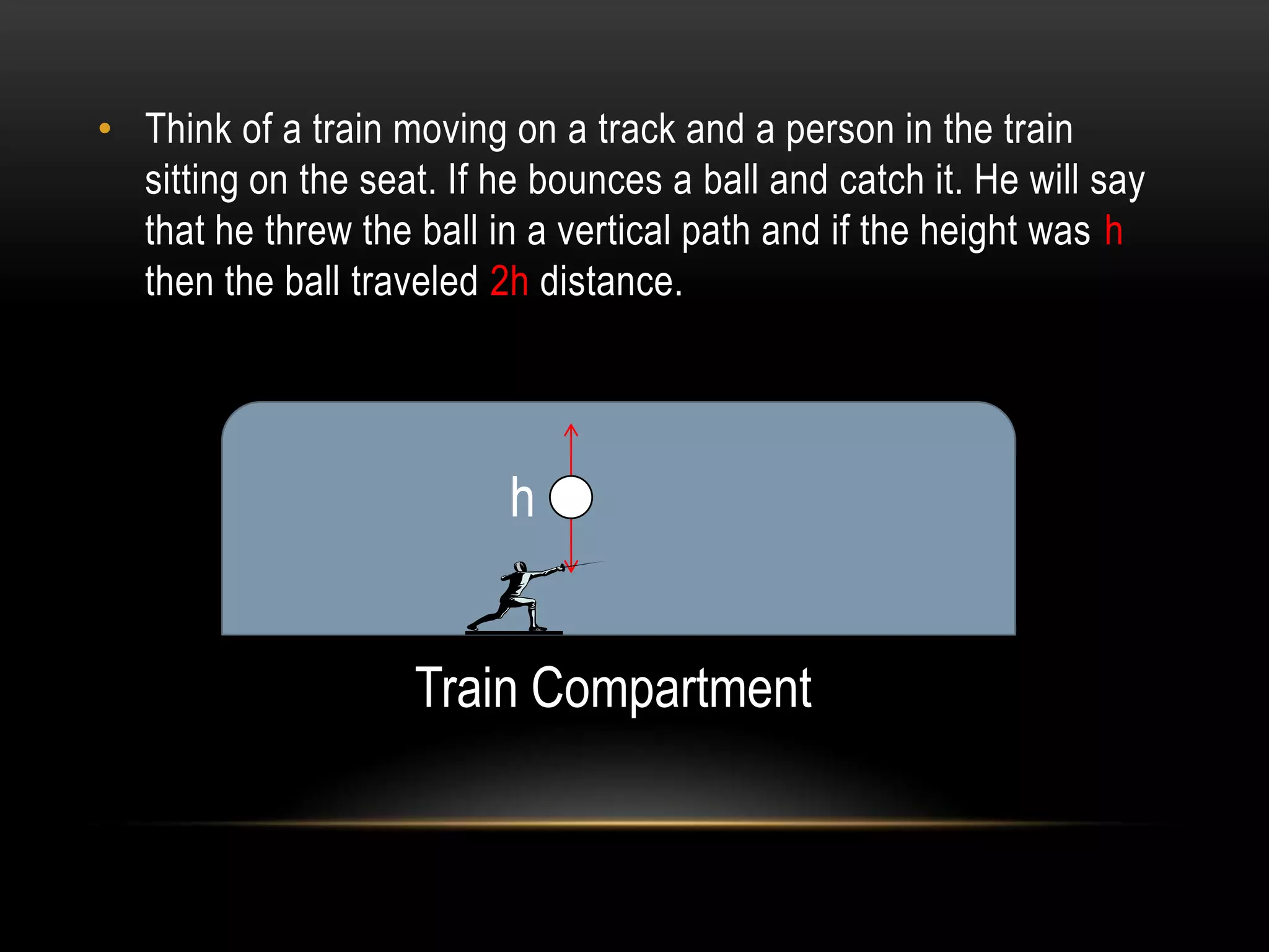 • Think of a train moving on a track and a person in the train
  sitting on the seat. If he bounces a ball and catch it. He will say
  that he threw the ball in a vertical path and if the height was h
  then the ball traveled 2h distance.




                           h


                    Train Compartment
 