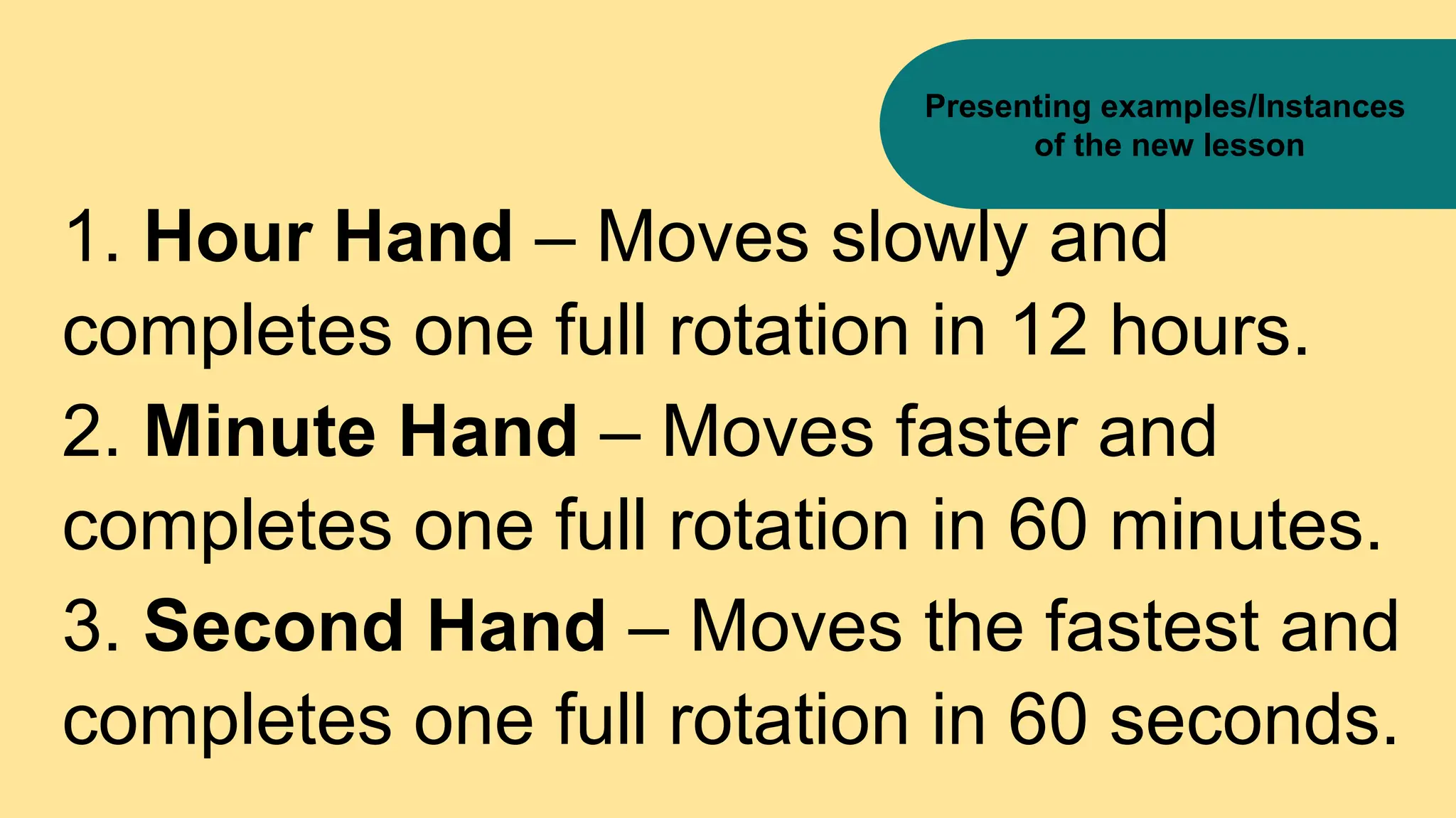 1. Hour Hand – Moves slowly and
completes one full rotation in 12 hours.
2. Minute Hand – Moves faster and
completes one full rotation in 60 minutes.
3. Second Hand – Moves the fastest and
completes one full rotation in 60 seconds.
Presenting examples/Instances
of the new lesson
 