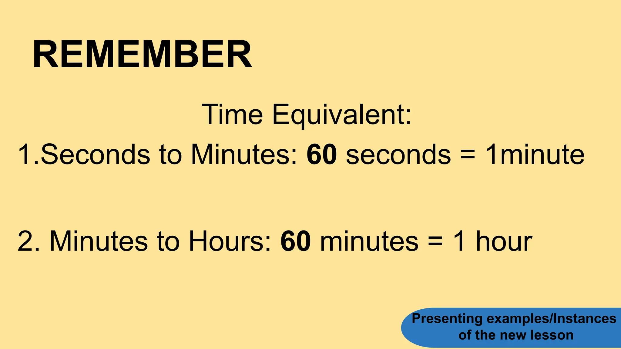 Presenting examples/Instances
of the new lesson
Time Equivalent:
1.Seconds to Minutes: 60 seconds = 1minute
2. Minutes to Hours: 60 minutes = 1 hour
REMEMBER
 
