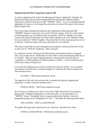 Case Management: Modeling Time Varying Relationships


Implementing the Date Comparison Logic in SQL

In order to implement this in the Case Management System Application‟ database, the
prepositional logic above must be translated into the appropriate relational algebra
expressions, and from there into an SQL “WHERE” clause. As we are implementing this
application in Access, we will target this conversion in terms of the syntax of the Access
Query Design Grid.

The Access Query Design Grid expresses the components of the generated SQL
“WHERE” clauses as successive rows in the "Criteria" section. Each row in the criteria
section represents a set of conditions that are logically “AND‟ed” together. For a data
record to be selected it must pass all of the criteria conditions on a row. Multiple criteria
rows are inclusively “OR‟ed” together. This means that if a data record passes any row, it
is selected. It does not need to pass more than one row to be selected.

This syntax means that we must manipulate our acceptance criteria into the form of one
or more sets of “AND‟ed” conditions. That is the goal.

So, where do we start? We know from the previous section that we have two logical
tests, Case A and Case B. Furthermore we know that if a data record passes either test, it
is excluded. What we need is transformation to restructure the test in the form of
“(condition-1) AND (condition-2) AND (condition-3) AND ...” to fit in with the syntax
of the Access Query Design Grid.

Let us start by translating our exclusion criteria into inclusion criteria. Let us simplify
our notation to be that Case A is known simply as A and Case B is known simply as B.
The exclusion rule is:

        If A OR B = TRUE then exclude the record.

The opposite of this rule, the inclusion rule, is obtained by logically negating this
expression. In other words the inclusion rule is:

        If NOT(A OR B) = TRUE then include the record.

We now have an inclusion rule, but it is not in the “right” form for the Access Query
Design Grid. Negated compounds do not fit in the grid - or, for that matter, in a
“WHERE” clause. Fortunately there is a logical equivalence theorem - known to
programming types as the “propagation of „nots‟” - that states the following equivalence:

        NOT (A OR B) = (NOT A) AND (NOT B)

We replace this equivalent expression in our “inclusion” rule and it now reads:

        If (NOT A) AND (NOT B) = TRUE then include the record.




By David Tryon                              Page 6                              November 1998
 