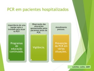PCR em pacientes hospitalizados
importância de uma
equipe apta e
treinada para atuar
na RCP.
Programas
de
educação
continuada.
Observação das
alterações
apresentadas pelos
pacientes antes da
PCR.
Vigilância.
Atendimento
precoce.
Prevenção
da PCR em
várias
situações.
LUCENA, LUZIA, 2009
 