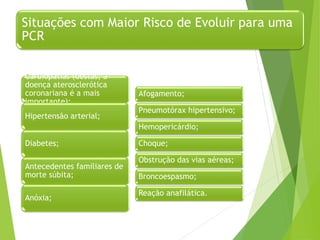 Situações com Maior Risco de Evoluir para uma
PCR
Cardiopatias (destas, a
doença aterosclerótica
coronariana é a mais
importante);
Hipertensão arterial;
Diabetes;
Antecedentes familiares de
morte súbita;
Anóxia;
Afogamento;
Pneumotórax hipertensivo;
Hemopericárdio;
Choque;
Obstrução das vias aéreas;
Broncoespasmo;
Reação anafilática.
 