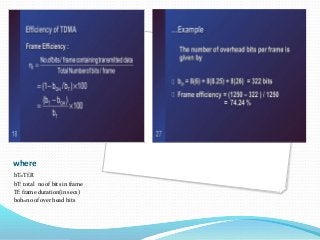 where
bT=Tf.R
bT: total no of bits in frame
Tf: frame duration(in secs)
boh=no of over head bits
 