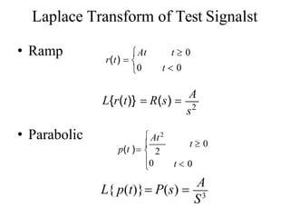 Laplace Transform of Test Signalst
• Ramp
• Parabolic
s2
L{r(t)}  R(s) 
A
S3
L{ p(t)} P(s) 
A
t  0
0 t  0
At
r(t)  

0
 2
 At2
p(t )  t  0
t  0
 