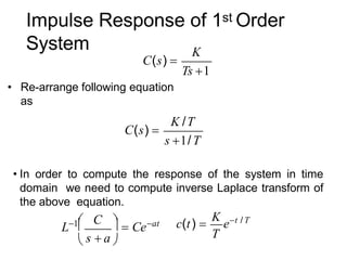 Impulse Response of 1st Order
System
• Re-arrange following equation
as
Ts 1
C(s) 
K
s 1/T
K /T
C(s) 
T
c(t) 
K
et / T
• In order to compute the response of the system in time
domain we need to compute inverse Laplace transform of
the above equation.
C

  Ceat

 
s  a
L1
 