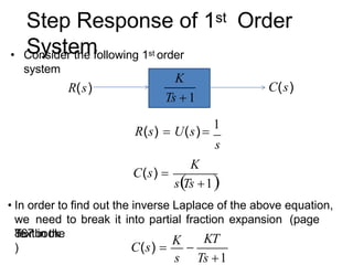 Step Response of 1st Order
System
• Consider the following 1st order
system
K
Ts  1
C(s)
R(s)
R(s)  U(s)
1
s
 
s Ts 1
C(s) 
K
s Ts 1
C(s) 
K

KT
• In order to find out the inverse Laplace of the above equation,
we need to break it into partial fraction expansion (page
867 in the
T
extbook
)
 