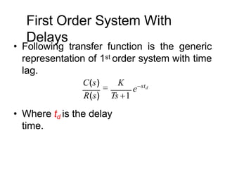 First Order System With
Delays
• Following transfer function is the generic
representation of 1st order system with time
lag.
• Where td is the delay
time.
estd
C(s)

K
R(s) Ts 1
 