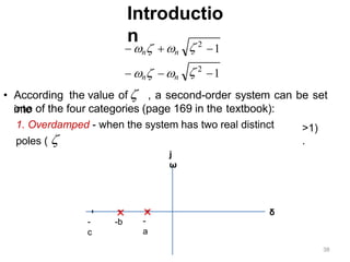 Introductio
n
• According the value of  , a second-order system can be set
into
one of the four categories (page 169 in the textbook):
1. Overdamped - when the system has two real distinct
poles ( 
1
1
 2
 2
 n n
 n n
>1)
.
-
a
-b
-
c
δ
j
ω
38
 