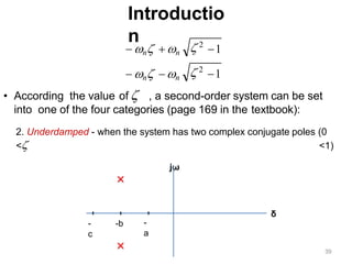 Introductio
n
• According the value of  , a second-order system can be set
into one of the four categories (page 169 in the textbook):
2. Underdamped - when the system has two complex conjugate poles (0
< <1)
jω
1
1
 2
 2
 n n
 n n
-
a
-b
-
c
δ
39
 