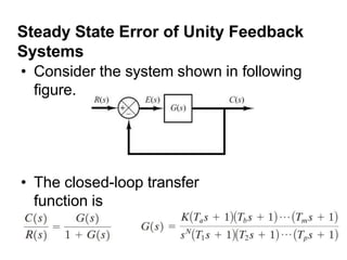 Steady State Error of Unity Feedback
Systems
• Consider the system shown in following
figure.
• The closed-loop transfer
function is
 