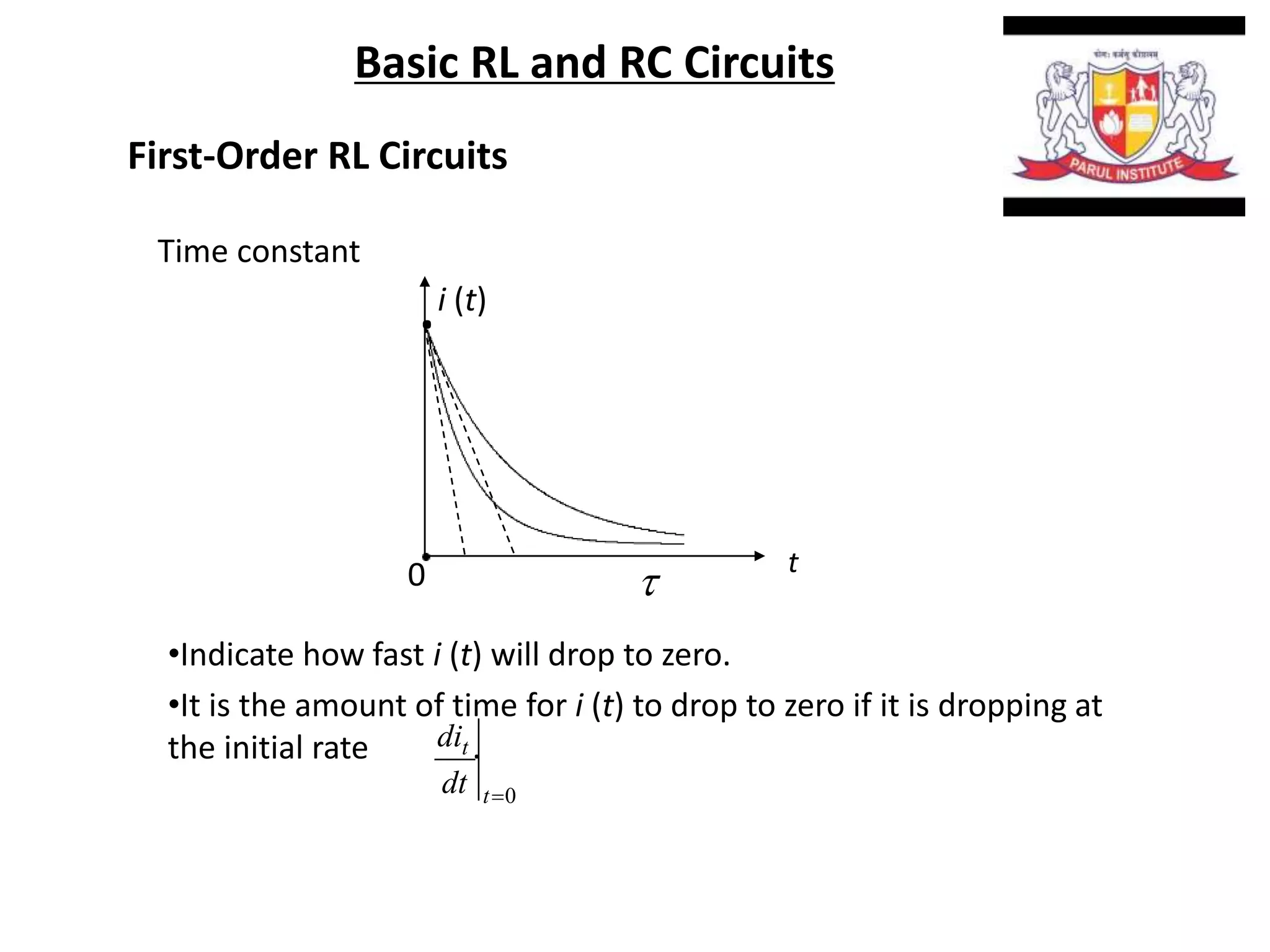 Basic RL and RC Circuits
First-Order RL Circuits
Time constant
•Indicate how fast i (t) will drop to zero.
•It is the amount of time for i (t) to drop to zero if it is dropping at
the initial rate .
t
i (t)
0 
.
0t
t
dt
di
 