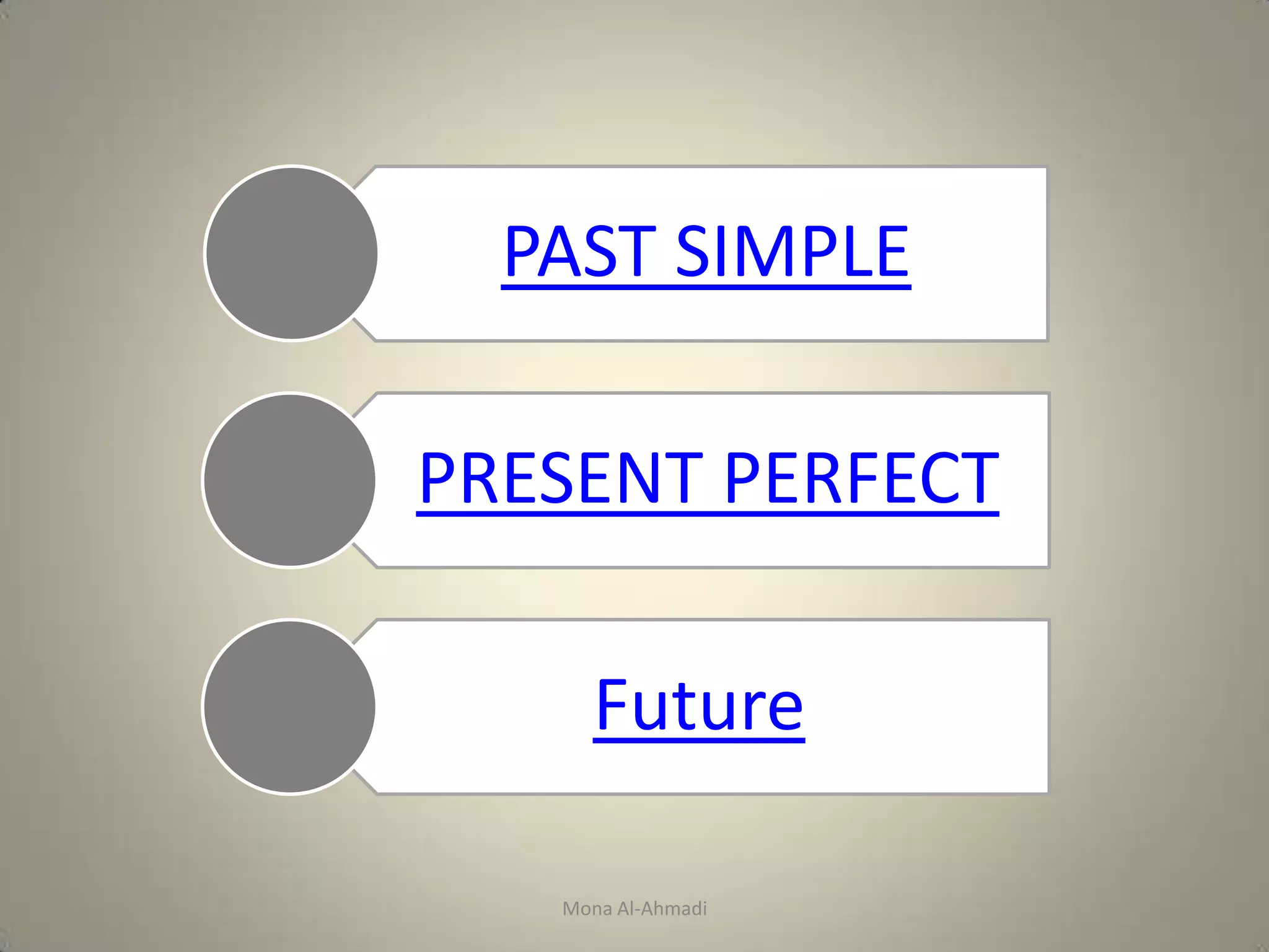 PAST SIMPLE

PRESENT PERFECT

     Future

   Mona Al-Ahmadi
 