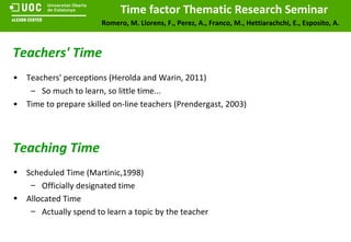 Teachers' Time Teachers' perceptions (Herolda and Warin, 2011) So much to learn, so little time...  Time to prepare skilled on-line teachers ( Prendergast, 2003) Teaching Time Scheduled Time (Martinic,1998)  Officially designated time Allocated Time  Actually spend to learn a topic by the teacher 