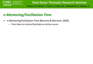 e-Mentoring/Facilitation Time e-Mentoring/Facilitation Time (Bierema & Merriam, 2002) Time taken to mentor/facilitate an online course 