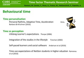 Personal Rythms, Adaptive Time, Acceleration  Gros, Barbara & Kirschner (2010). Time personalisation  Time as perception  Lifelong Learner’s expectations  Thorpe (2006) Integration of the studies in the lifestyle  Tresman (2002) Self-paced learners and social software  Anderson et al (2010) Time use expectations of NetGen students in higher eduation  Ramanau et al (2010)  Behavioural time 